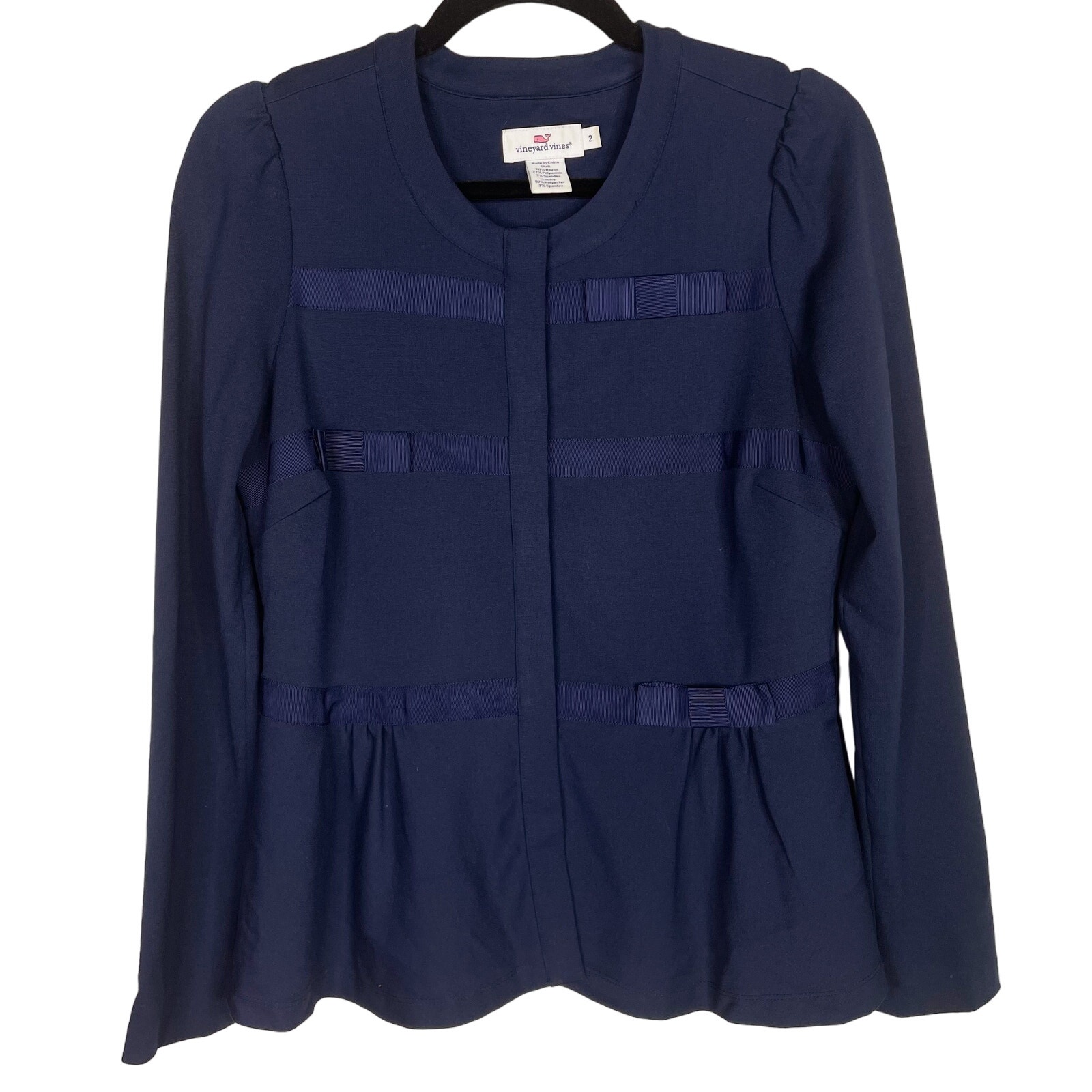 Vineyard Vines Womens 2 Navy Blue Grosgrain Bow Ponte Knit Blazer Jacket Peplum